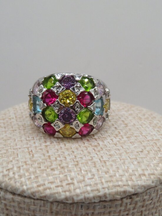 Jewelry - Multi Color Rhinestone Silver Tone Dome Cocktail Ring Sz 10